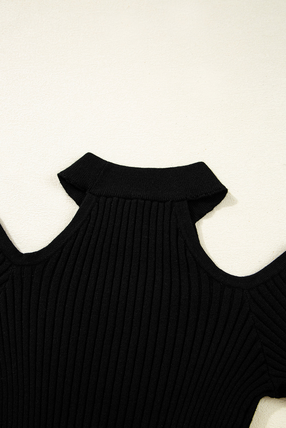 Black Ribbed Knit Cold Shoulder Choker Neck Sweater Sweaters JT's Designer Fashion