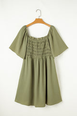 Grass Green Frilly Square Neck Flutter Sleeve Smocked High Waist Plus Size Dress Plus Size Mini Dresses JT's Designer Fashion
