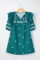 Skobeloff Boho Floral Ruffle Puff Sleeve Lace-up V Neck Mini Dress Floral Dresses JT's Designer Fashion