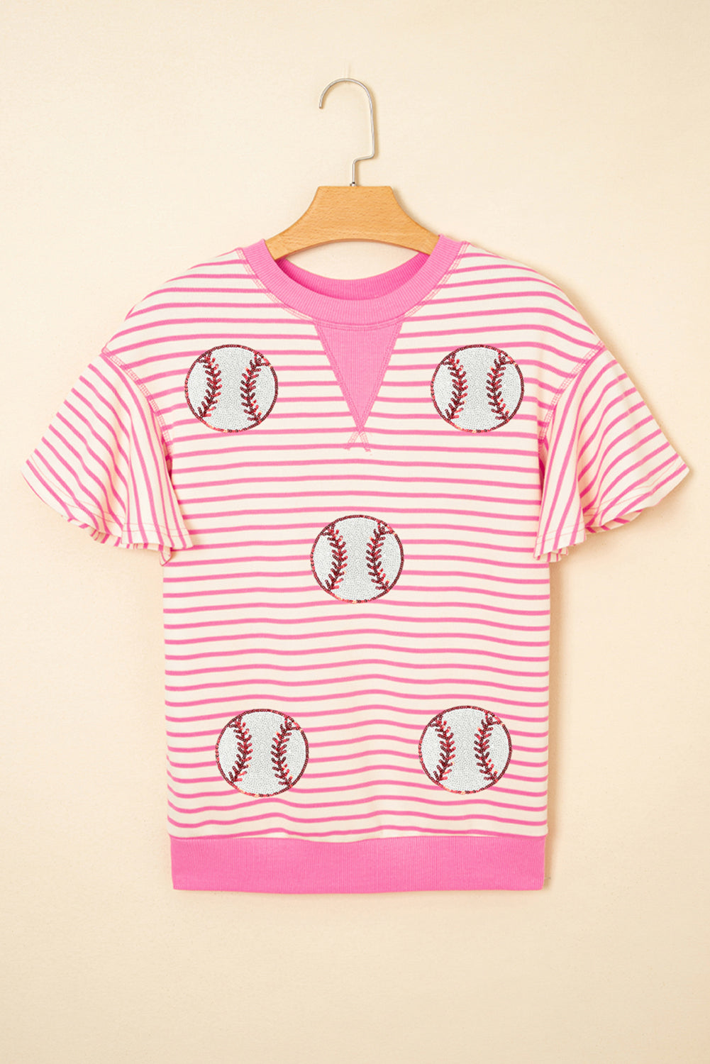 Sachet Pink Sequin Baseball Pattern Striped Ruffle Sleeve Round Neck Knit Top Graphic Tees JT's Designer Fashion