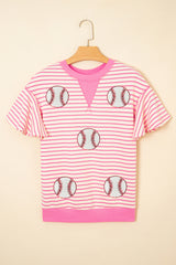 Sachet Pink Sequin Baseball Pattern Striped Ruffle Sleeve Round Neck Knit Top Graphic Tees JT's Designer Fashion