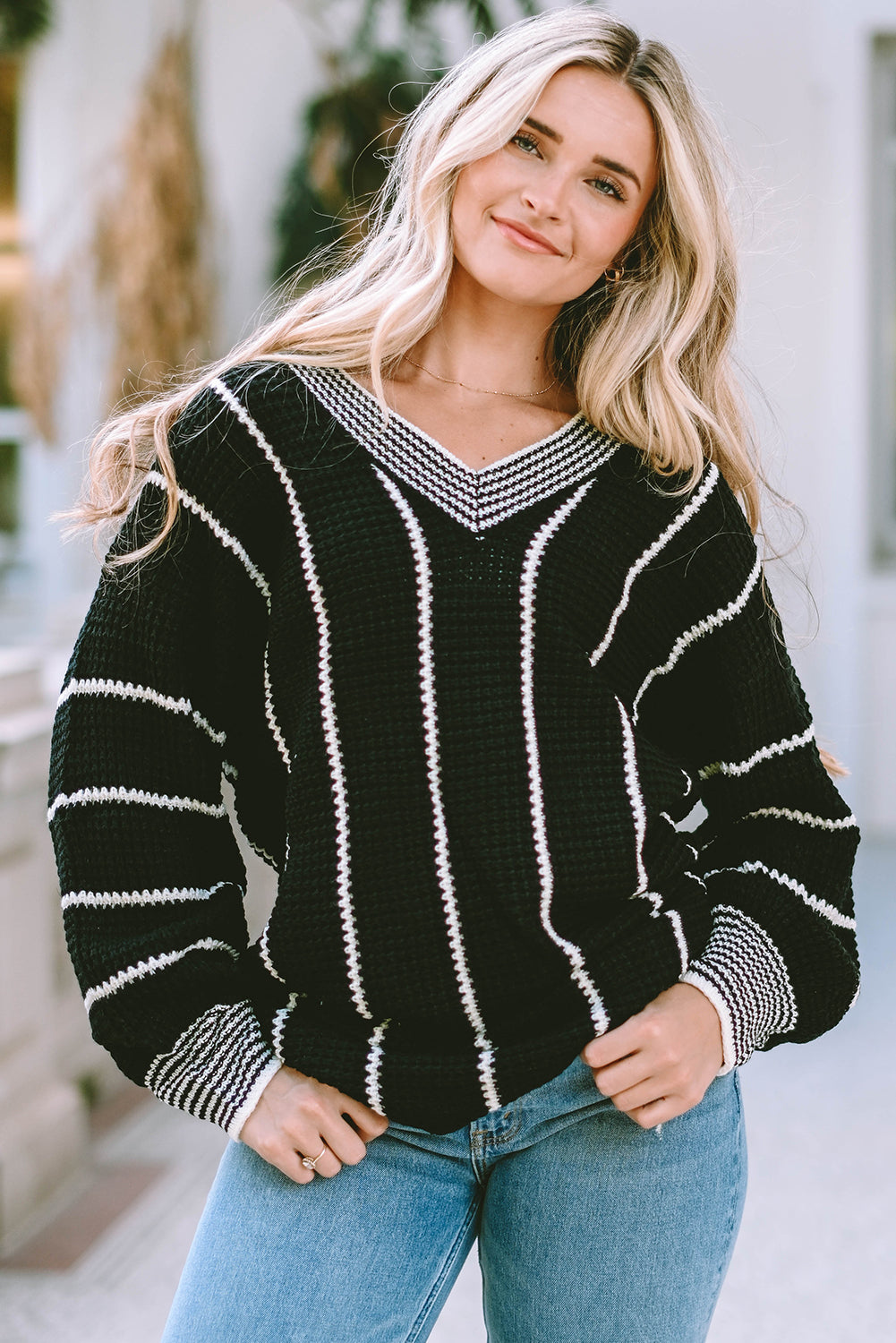 Black Colorblock Striped V Neck Knitted Loose Sweater Sweaters JT's Designer Fashion