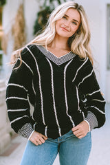 Black Colorblock Striped V Neck Knitted Loose Sweater Sweaters JT's Designer Fashion