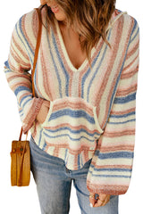 Multicolor Striped Knit Kangaroo Pocket Hooded Sweater Sweaters & Cardigans JT's Designer Fashion
