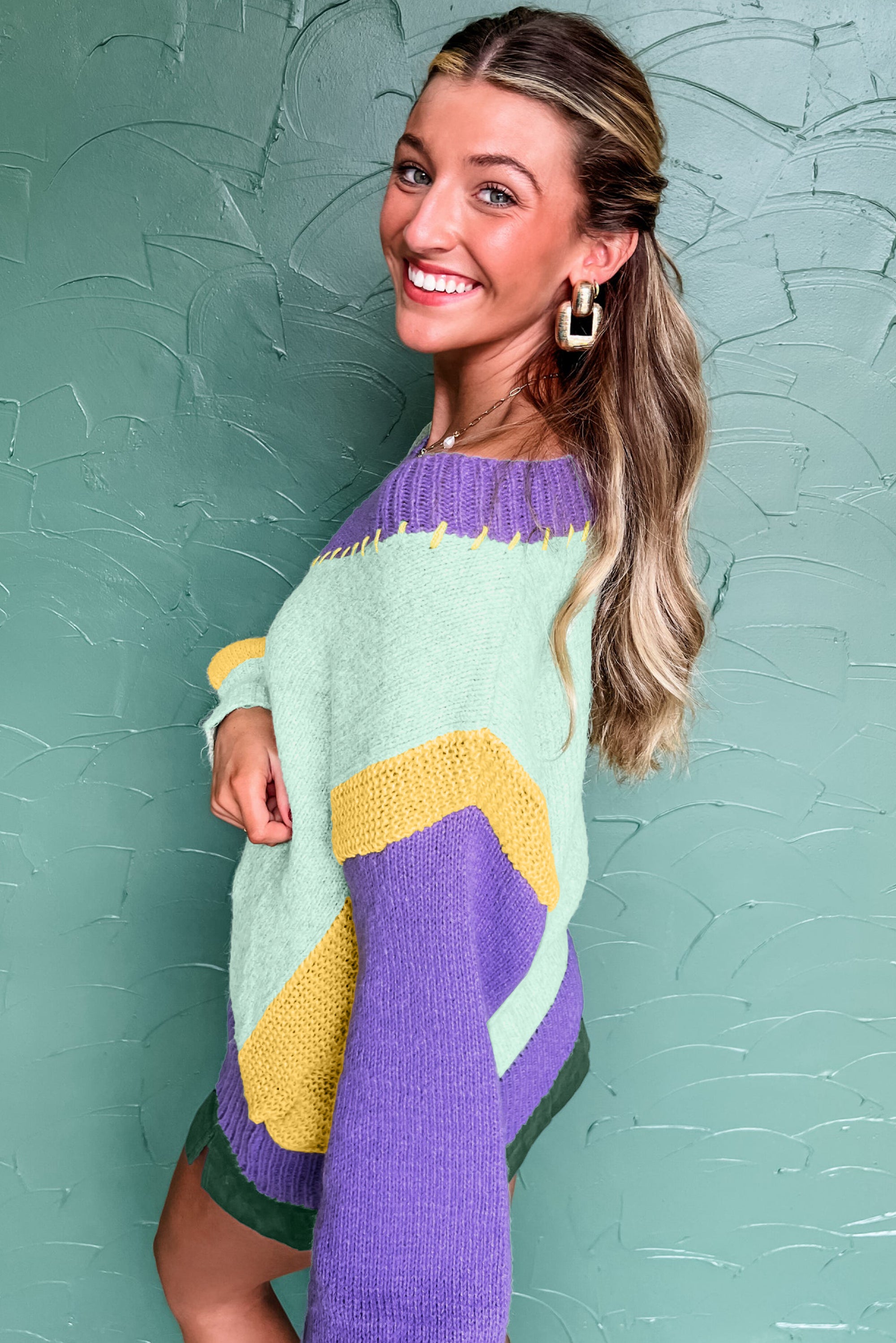 Green Stitched V Neck Color Block Knitted Drop Shoulder Sweater Sweaters JT's Designer Fashion