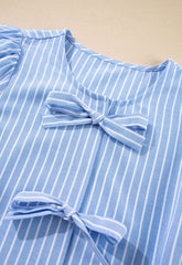 Sky Blue Striped Bowknot Detail Puffy Sleeve Top and Shorts 2Pcs Set Short Sets JT's Designer Fashion