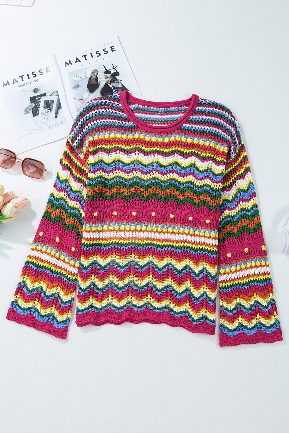 Rose Red Colorblock Striped Hollowed Knit Loose Sleeve Sweater Sweaters JT's Designer Fashion