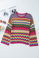 Rose Red Colorblock Striped Hollowed Knit Loose Sleeve Sweater Sweaters JT's Designer Fashion