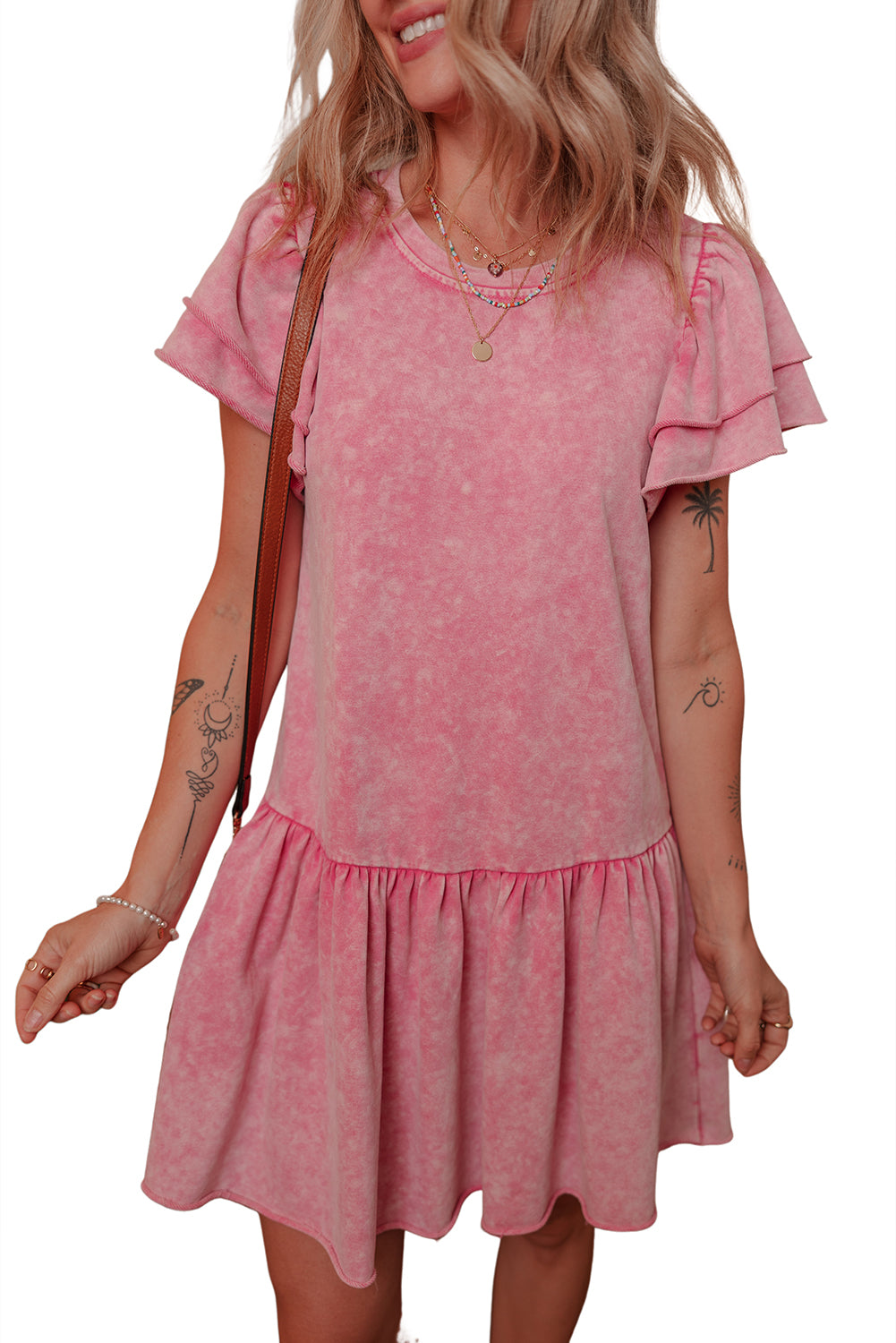 Sachet Pink Mineral Wash Raw Edge Ruffle Mini Dress Mini Dresses JT's Designer Fashion