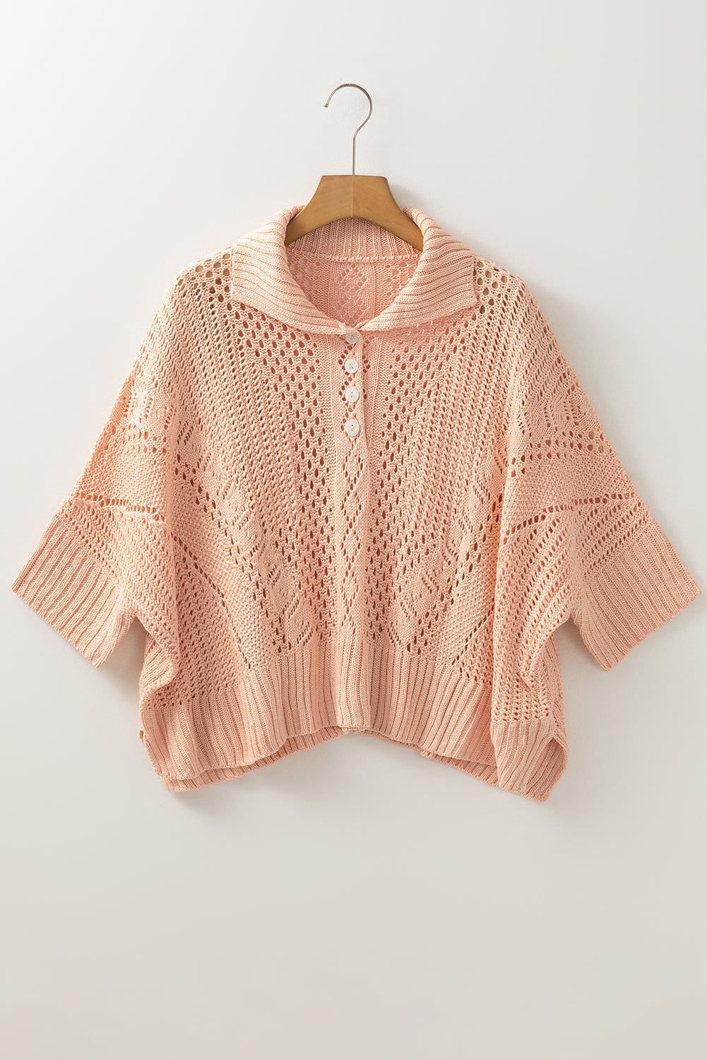 Apricot Pink Hollowed Knit 3/4 Dolman Sleeve Buttoned Collared Sweater Cardigans JT's Designer Fashion