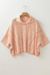 Apricot Pink Hollowed Knit 3/4 Dolman Sleeve Buttoned Collared Sweater Cardigans JT's Designer Fashion