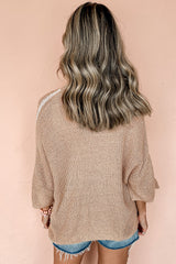 Light French Beige Contrast Striped 3/4 Sleeve Crew Neck Sweater Sweaters JT's Designer Fashion