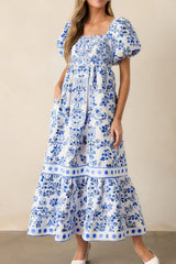 Sky Blue Floral Print Square Neck Bubble Sleeve High Waist Long Dress Maxi Dresses JT's Designer Fashion