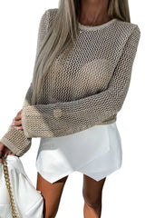 Khaki Hollow-out Knit Long Sleeve Top Long Sleeve Tops JT's Designer Fashion