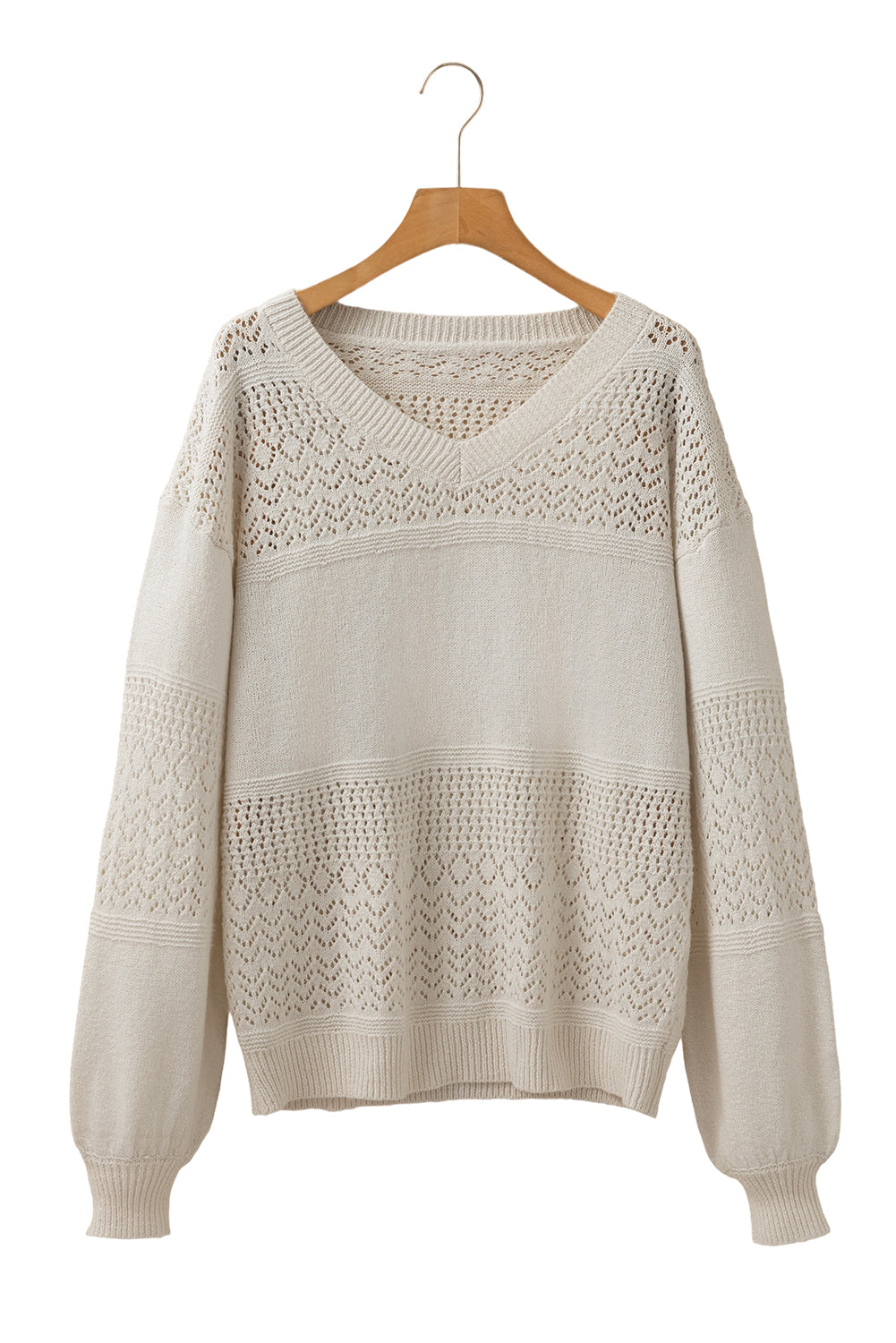 White Eyelet Pattern Detail V Neck Drop Shoulder Sweater Sweaters JT's Designer Fashion
