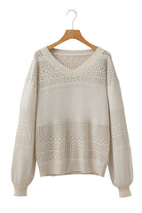White Eyelet Pattern Detail V Neck Drop Shoulder Sweater Sweaters JT's Designer Fashion