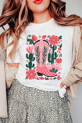 White Western Boots Flower Print Round Neck T Shirt Graphic Tees JT's Designer Fashion