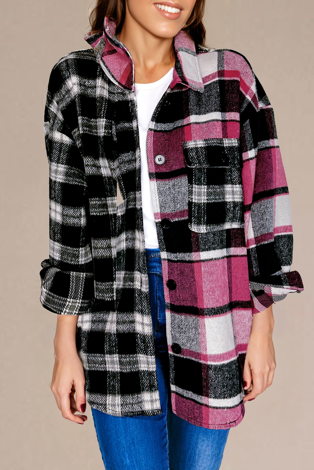 Black Plaid Colorblock Loose Shacket Plaid Shackets JT's Designer Fashion