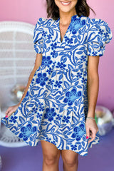 Blue Flower Print Puff Sleeve Ruffled Dress Dresses JT's Designer Fashion