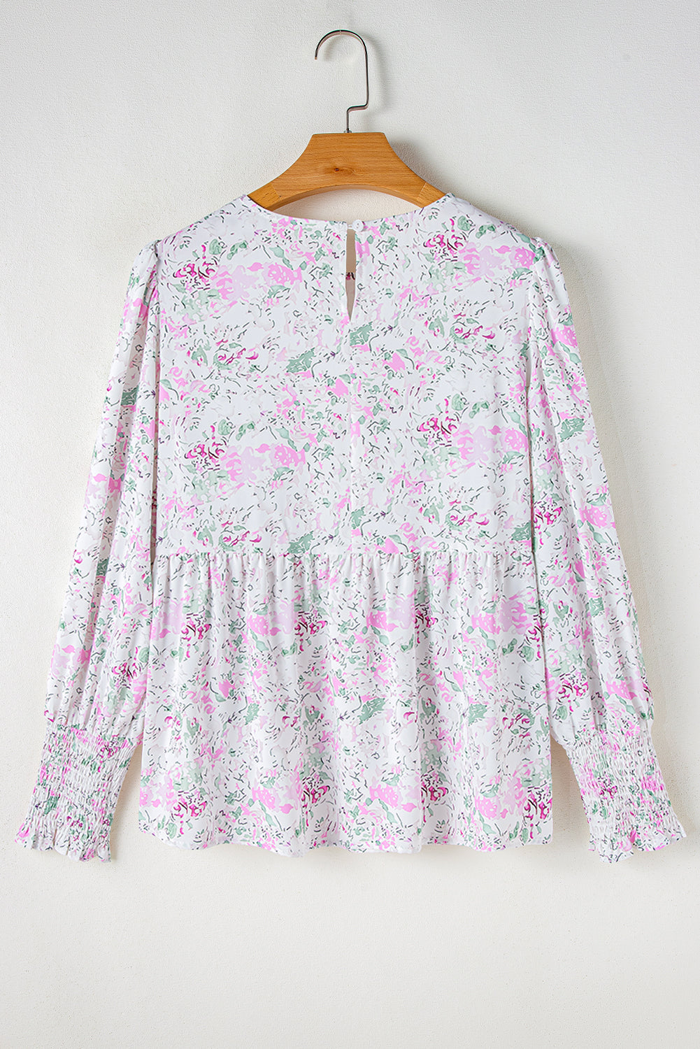 Pink Floral Print Shirred Balloon Sleeve Keyhole Back Babydoll Blouse Blouses & Shirts JT's Designer Fashion
