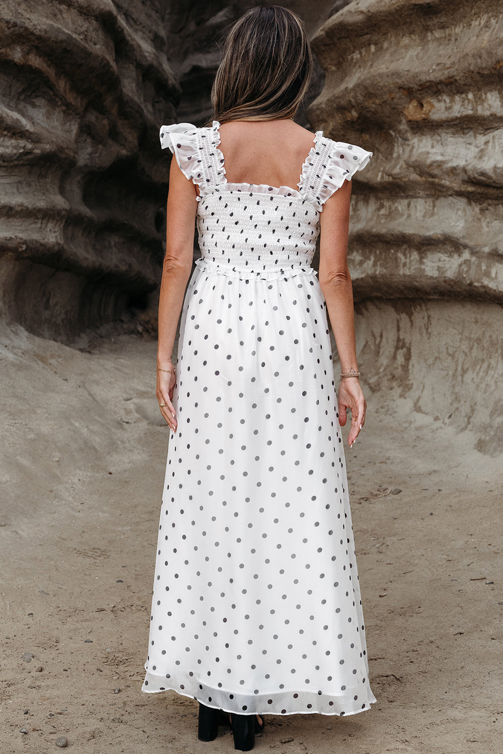 White Polka Dot Flutter Sleeve Square Neck Smocked Long Dress Maxi Dresses JT's Designer Fashion