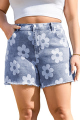 Ashleigh Blue Floral Pattern High Waist Raw Hem Plus Size Denim Shorts Plus Size Bottoms JT's Designer Fashion