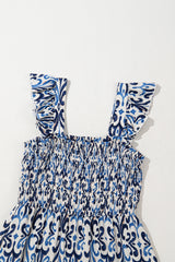 Sky Blue Boho Print Smocked High Waist Long Dress Maxi Dresses JT's Designer Fashion