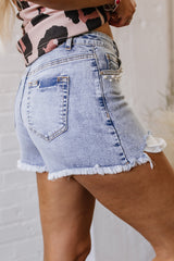 Beau Blue Pearl Studded Pockets Raw Hem Denim Shorts Denim Shorts JT's Designer Fashion