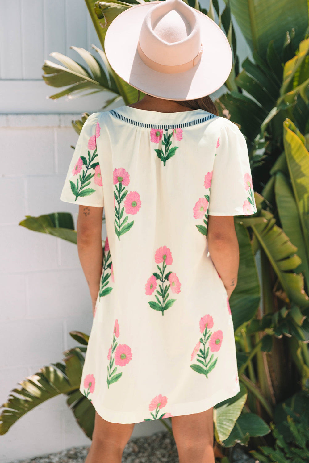 Apricot Floral Short Sleeve Split Neck Loose Mini Dress Floral Dresses JT's Designer Fashion