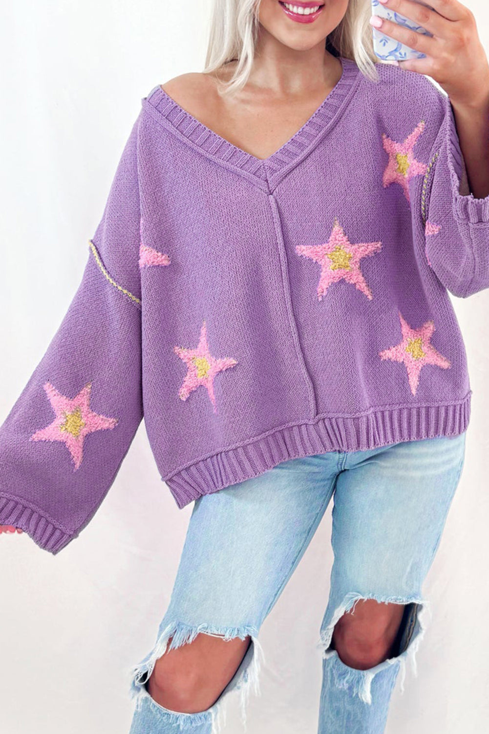 Lavendula Brushed Star Graphic V Neck Drop Shoulder Oversize Sweater Sweaters JT's Designer Fashion