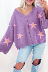 Lavendula Brushed Star Graphic V Neck Drop Shoulder Oversize Sweater Sweaters JT's Designer Fashion