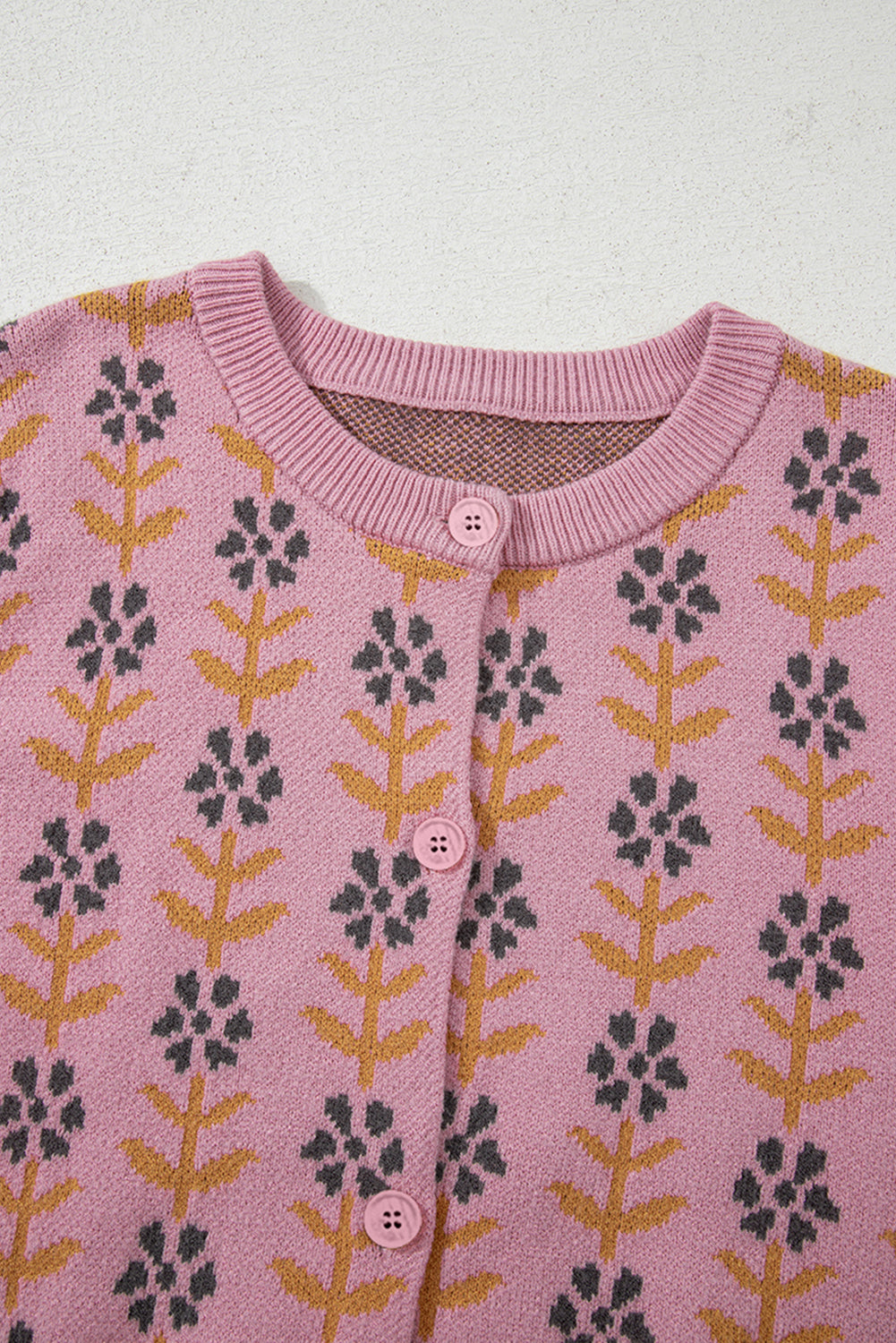 Pink Floral Button Down Ribbed Banded Cardigan Sweater Cardigans JT's Designer Fashion