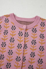 Pink Floral Button Down Ribbed Banded Cardigan Sweater Cardigans JT's Designer Fashion