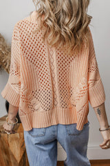 Apricot Pink Hollowed Knit 3/4 Dolman Sleeve Buttoned Collared Sweater Cardigans JT's Designer Fashion
