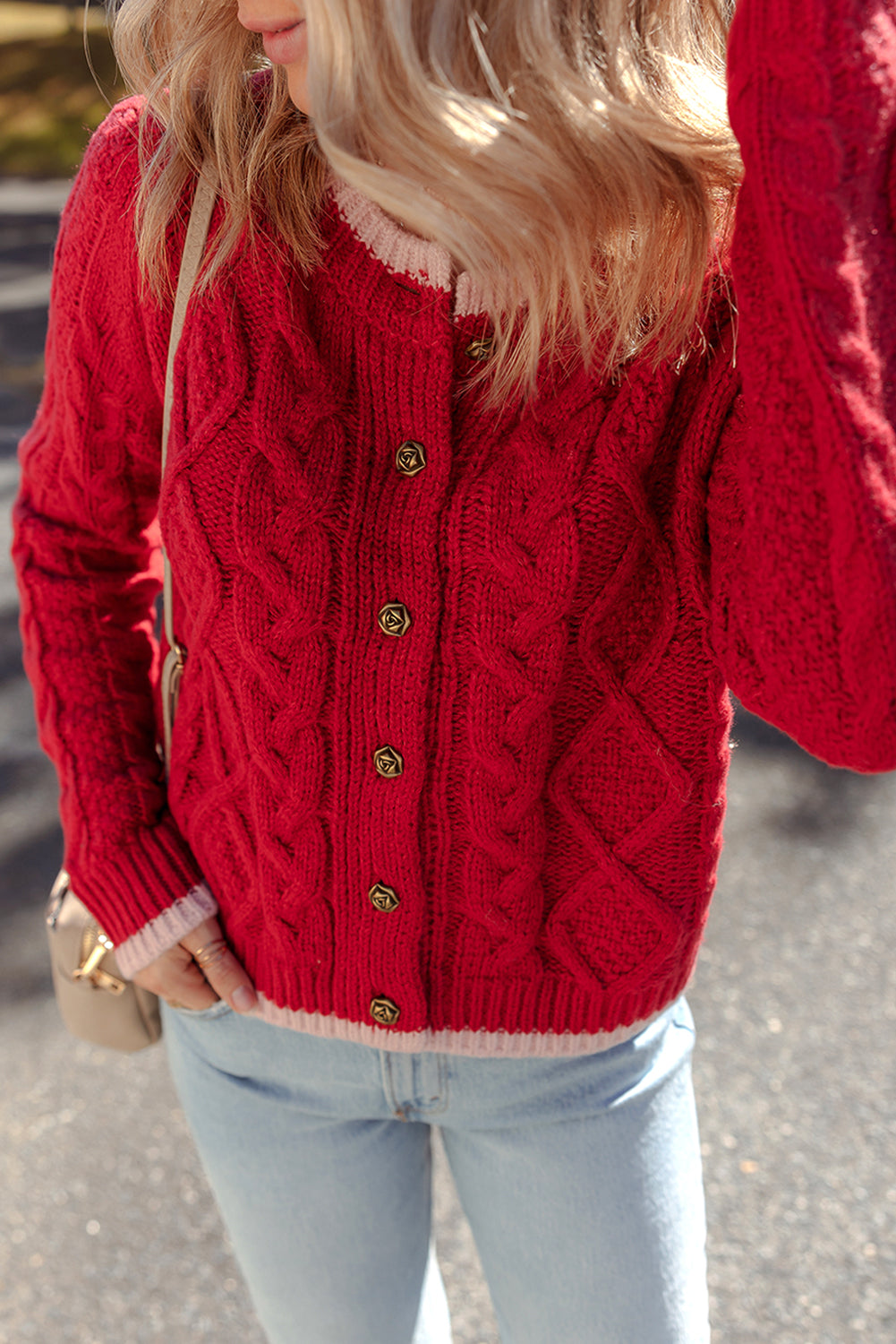 Racing Red Color Contrast Edge Cable Knit Buttoned Cardigan Cardigans JT's Designer Fashion