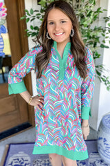 Green Abstract Print Split Neck Bracelet Sleeve Shift Dress Mini Dresses JT's Designer Fashion