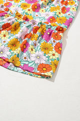 Sky Blue Floral Print Smocked Notch V Neck Flutter Sleeve Mini Dress Floral Dresses JT's Designer Fashion
