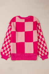 Rose Red Mixed Checkered Pattern Drop Shoulder Loose Sweater Sweaters JT's Designer Fashion
