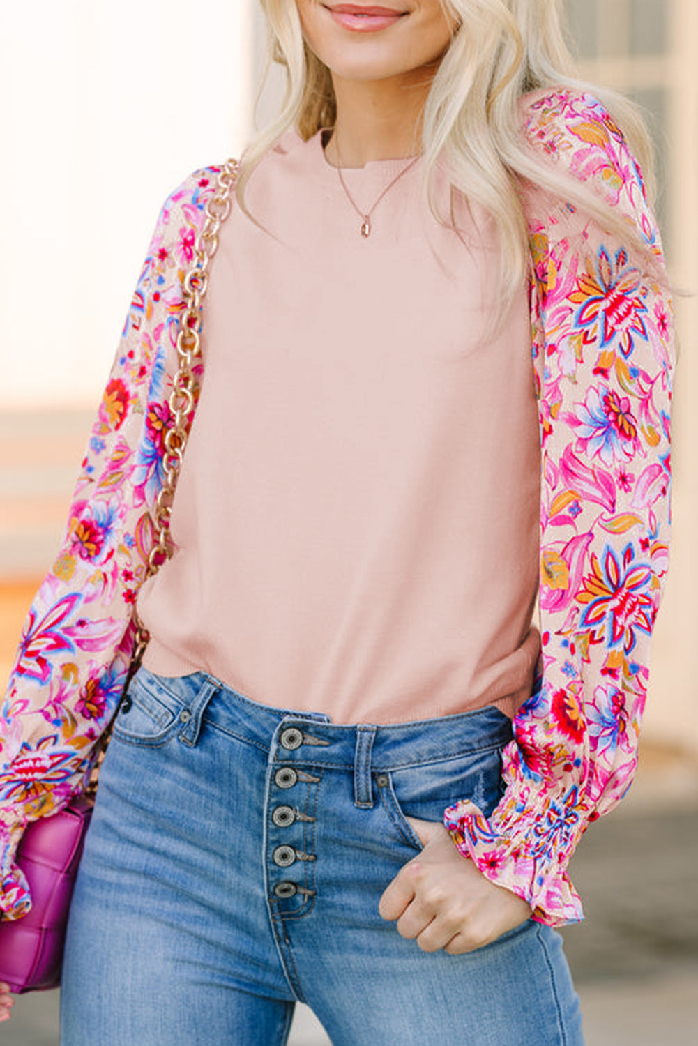 Oatmeal Floral Printed Patchwork Smocked Lantern Sleeve Knit Top Sweaters JT's Designer Fashion