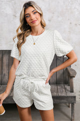White Solid Color Checkered Texture Short 2pcs Outfit Short Sets JT's Designer Fashion
