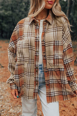 Khaki Plaid Colorblock Patchwork High Low Shacket Plaid Shackets JT's Designer Fashion