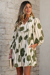 Guacamole Green Floral Striped Print Contrast Piping Puff Sleeve Dress Floral Dresses JT's Designer Fashion