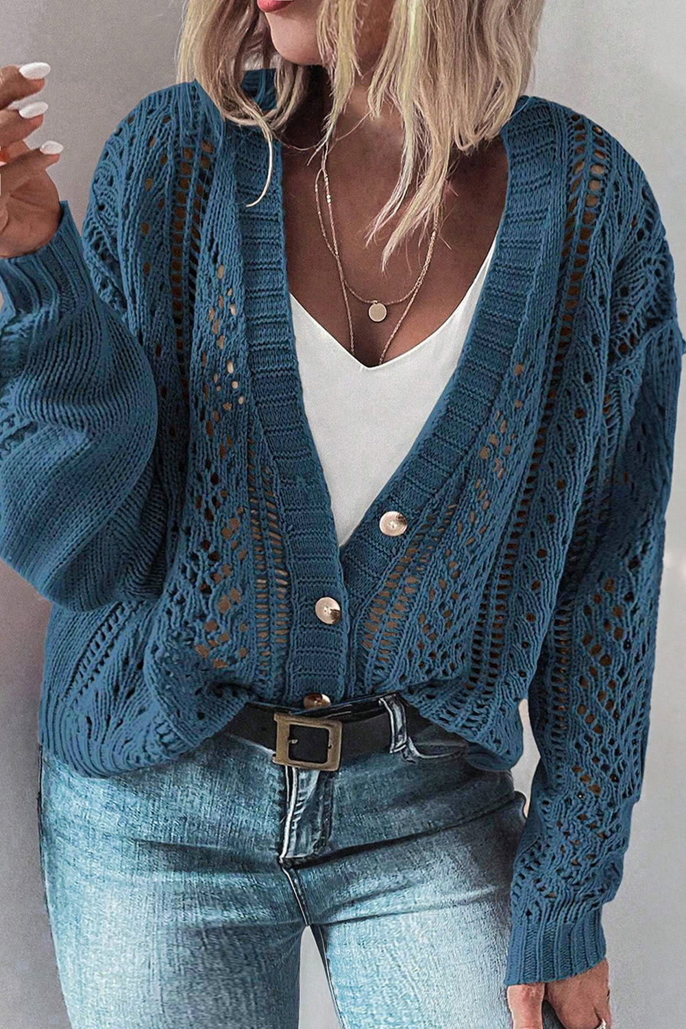 Real Teal Open Knit V Neck Button Front Drop Shoulder Plus Size Cardigan Plus Size Sweaters & Cardigans JT's Designer Fashion