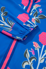 Blue Floral Print Contrast Striped Trim Notched Neck Long Sleeve Blouse Blouses & Shirts JT's Designer Fashion