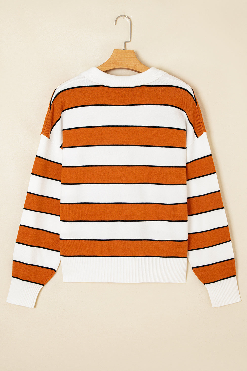 Brown Stripe Ribbed Polo Collar Drop Shoulder Sweater Sweaters JT's Designer Fashion