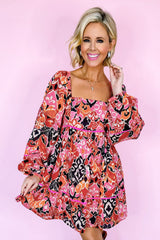 Pink Bohemian Square Neck Puff Sleeve Mini Dress Mini Dresses JT's Designer Fashion