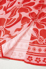 Red Boho Floral Short Sleeve V Neck Buttoned Shirred Waist Long Dress Floral Dresses JT's Designer Fashion