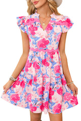 Pink Floral Printed V Notched Ric Rac Flutter Sleeve Dress Floral Dresses JT's Designer Fashion