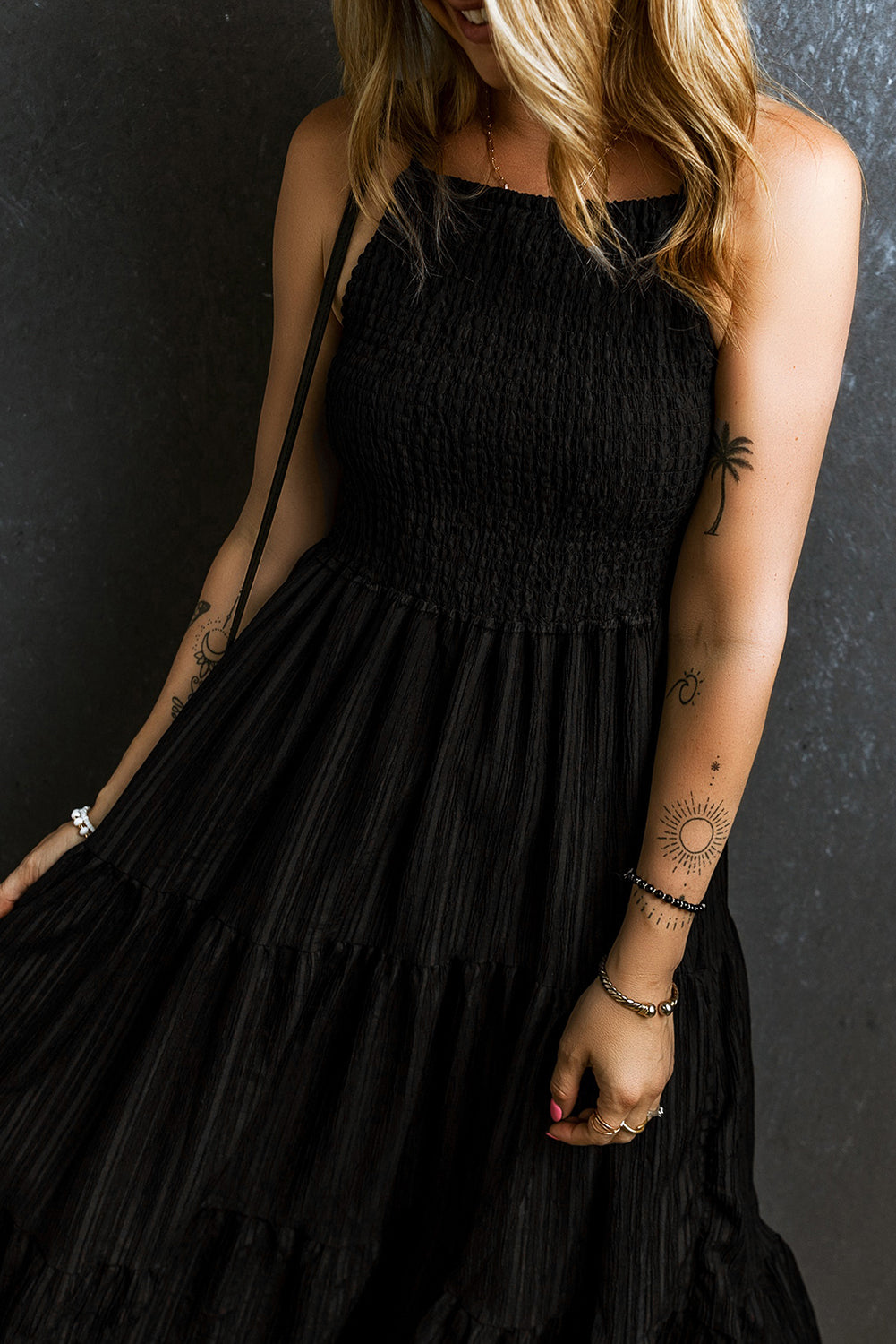 Black Spaghetti Straps Smocked Pleated Tiered Long Dress Maxi Dresses JT's Designer Fashion