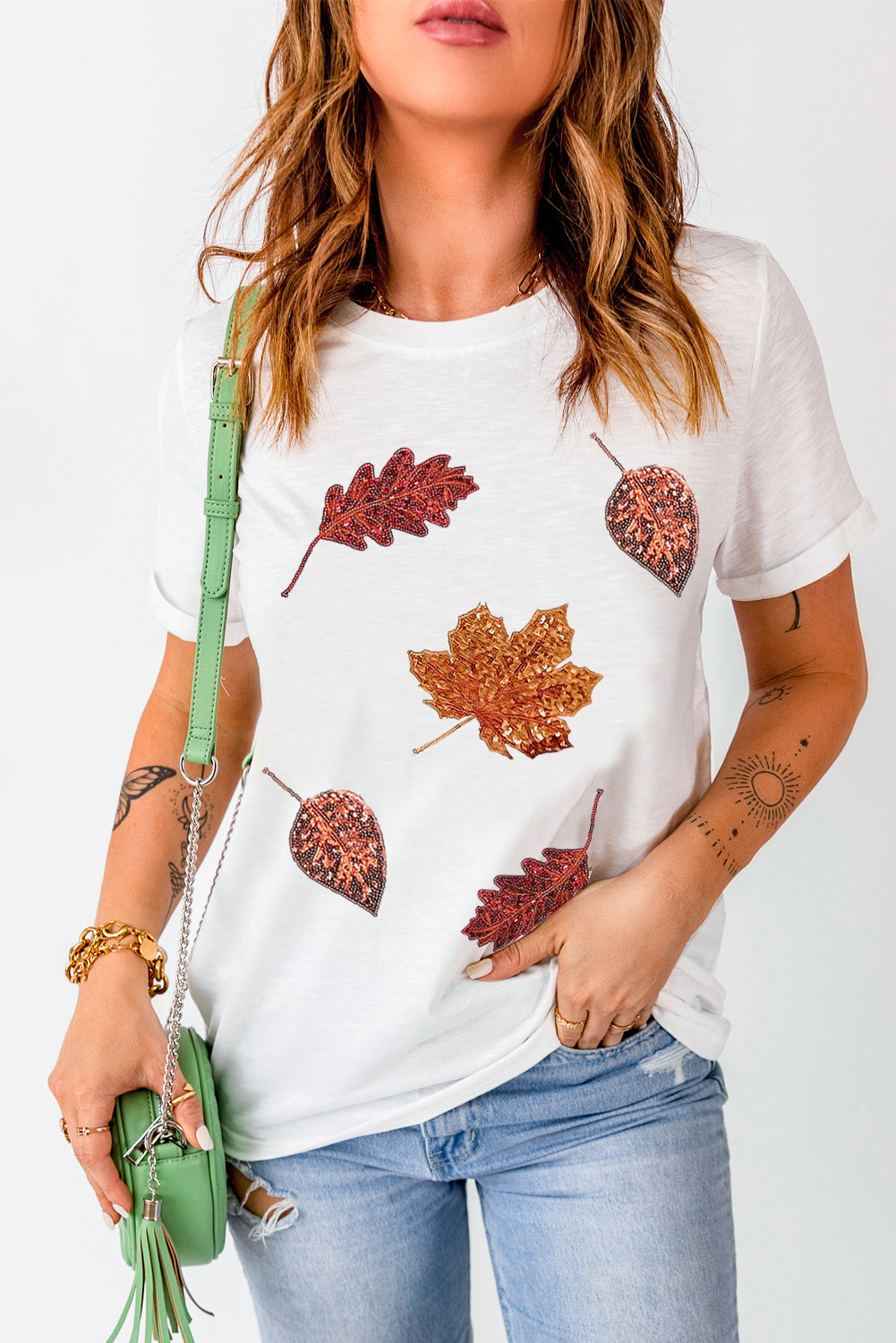 White Halloween Sequined Leaves Graphic Crew Neck T Shirt Graphic Tees JT's Designer Fashion